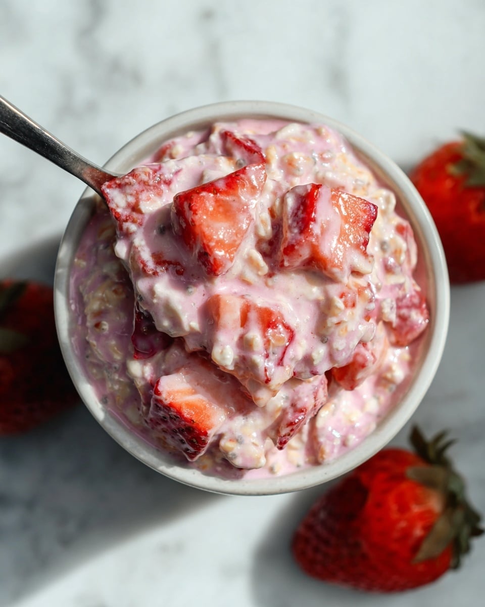 A large white serving bowl filled with creamy strawberry overnight oats, generously mixed with fresh juicy strawberry chunks and chia seeds scattered throughout, showcasing a thick, rich texture with a pink hue, surrounded by whole ripe strawberries on a white marble countertop, natural lighting emphasizing the freshness and vibrant colors, professional food styling photo taken with an iphone --ar 4:5 --v 7