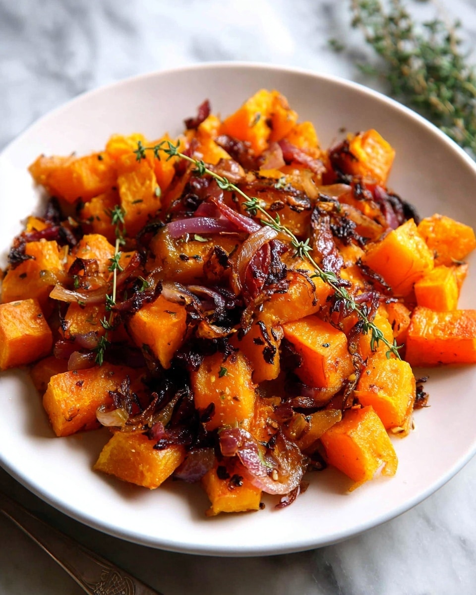 Large white bowl filled with a generous serving of roasted butternut squash cubes and caramelized red onion strips, perfectly seasoned with fresh thyme and rosemary sprigs, showcasing a glossy, golden-brown finish and tender texture, placed on a neutral-toned surface with garlic bulbs and onion skins artfully arranged around it, photo taken with an iphone --ar 4:5 --v 7
