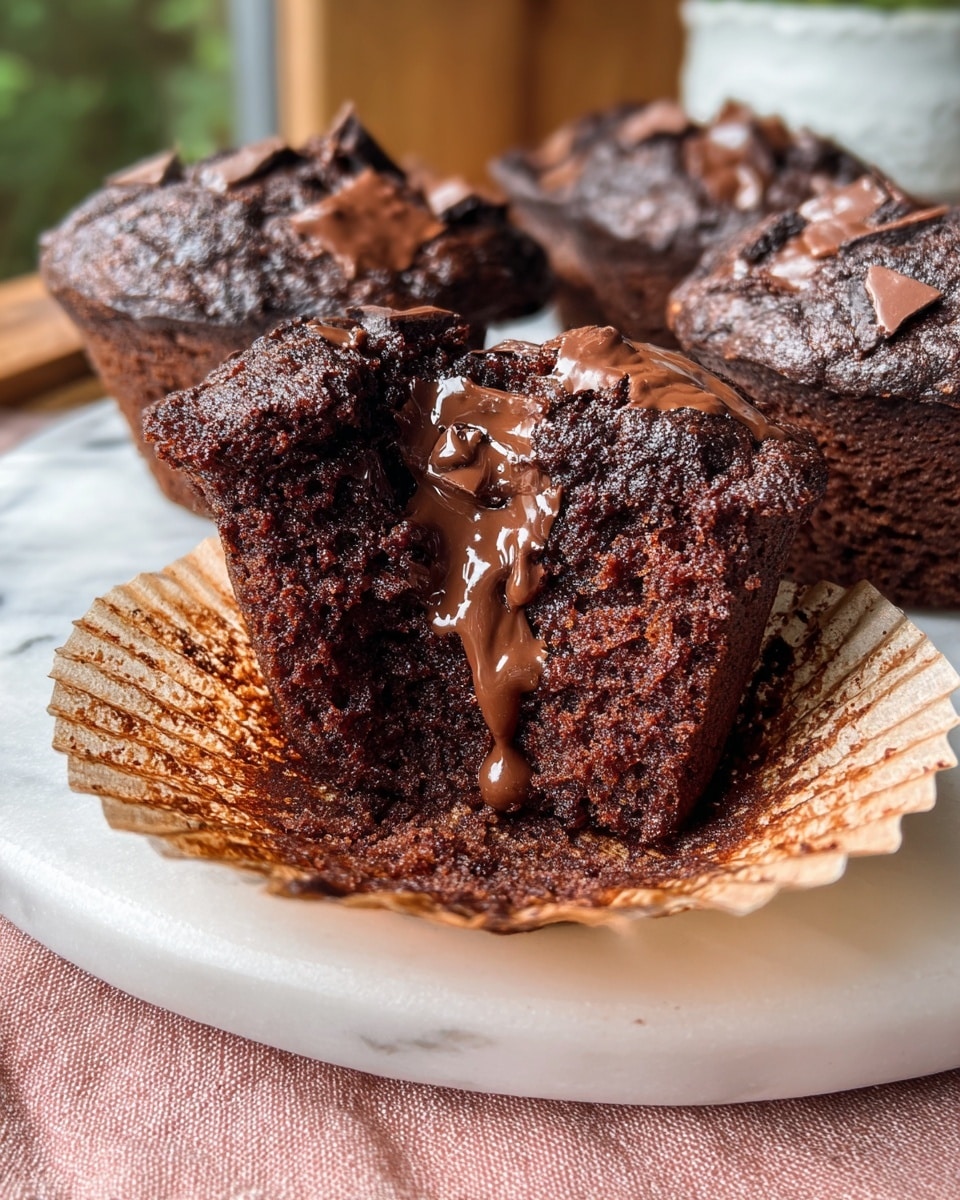 A rustic wooden cake stand filled with a complete batch of rich, chocolate muffins, each wrapped in natural parchment paper, topped with shiny melted chocolate pools that glisten warmly, arranged closely to showcase their moist, textured tops, shot at a 3/4 angle on a white marble surface with natural light highlighting the deep brown tones of the baked goods, styled as a professional hero shot for a food magazine, photo taken with an iphone --ar 4:5 --v 7
