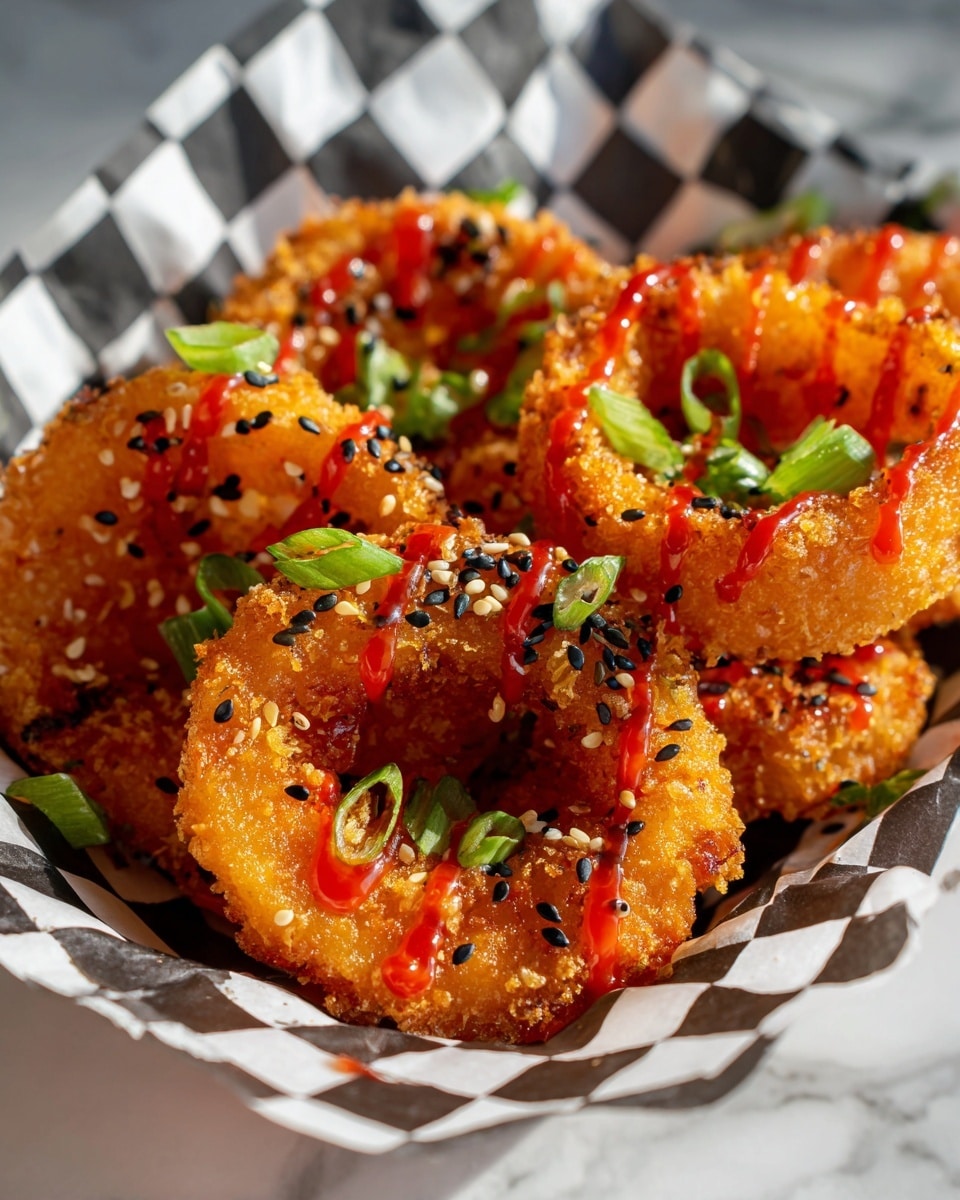 White basket lined with black and white checkered paper filled with a full dozen golden crispy fried onion rings, each coated with crunchy panko breadcrumbs and drizzled with bright red sweet chili sauce, sprinkled generously with black and white sesame seeds and thinly sliced fresh green scallions, whole basket presented from a 3/4 angle on a white marble background in natural lighting, professional food magazine hero shot photo taken with an iphone --ar 4:5 --v 7