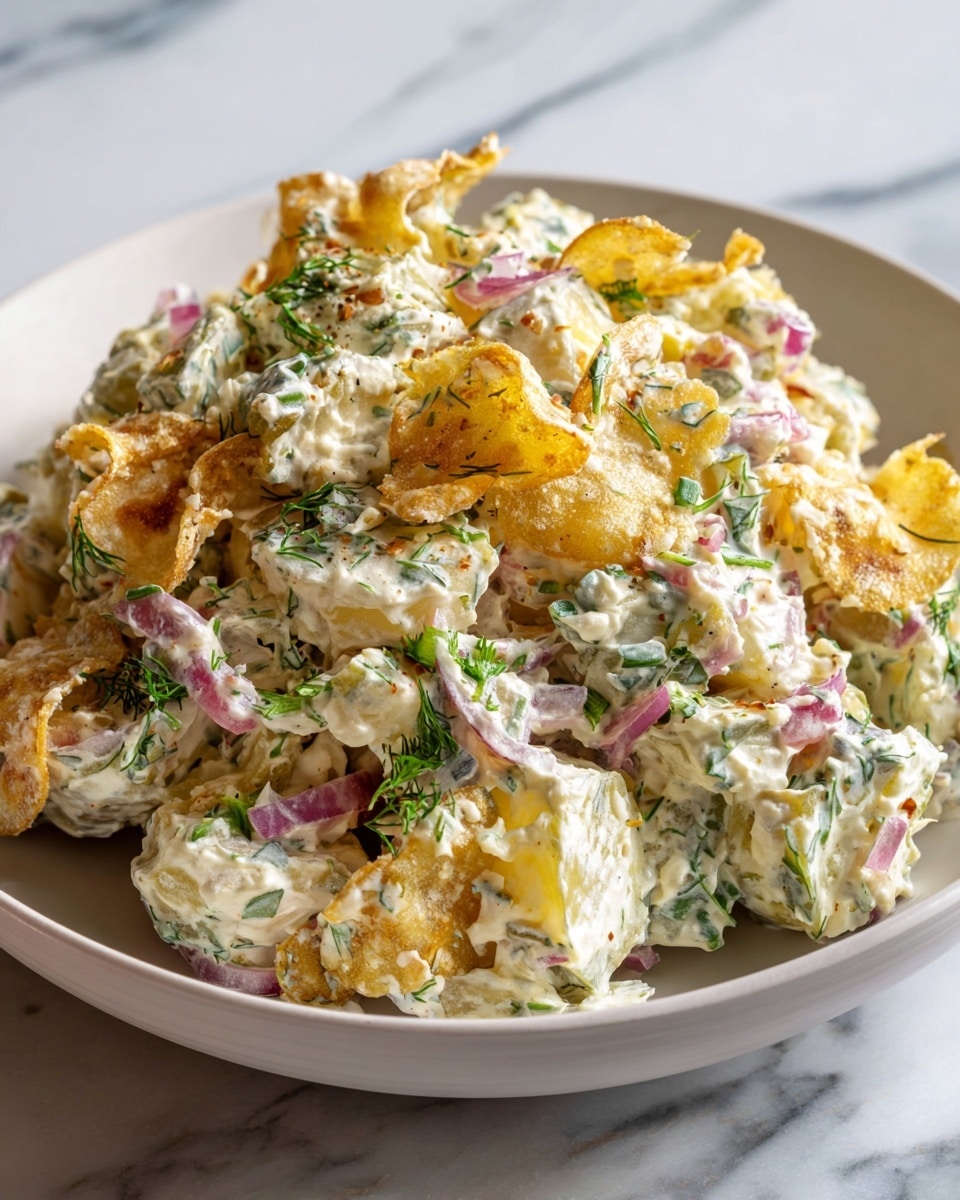 Crispy Smashed Potato Salad with Fresh Herbs and Dill Pickles Recipe