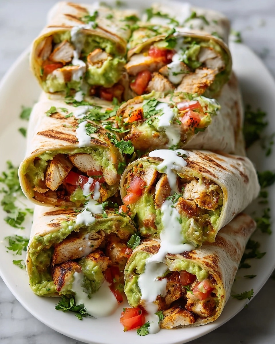 Large white oval platter filled with several whole, uncut grilled chicken burritos wrapped tightly in soft warm tortillas, bursting with seasoned chunks of golden brown grilled chicken, fresh diced tomatoes, creamy guacamole made from ripe avocados, and drizzled with a bright herbed white sauce, garnished with fresh cilantro leaves arranged artfully around the burritos, entire dish shown from a 3/4 angle on a white marble countertop under natural lighting, professional food styling photo taken with an iphone --ar 4:5 --v 7