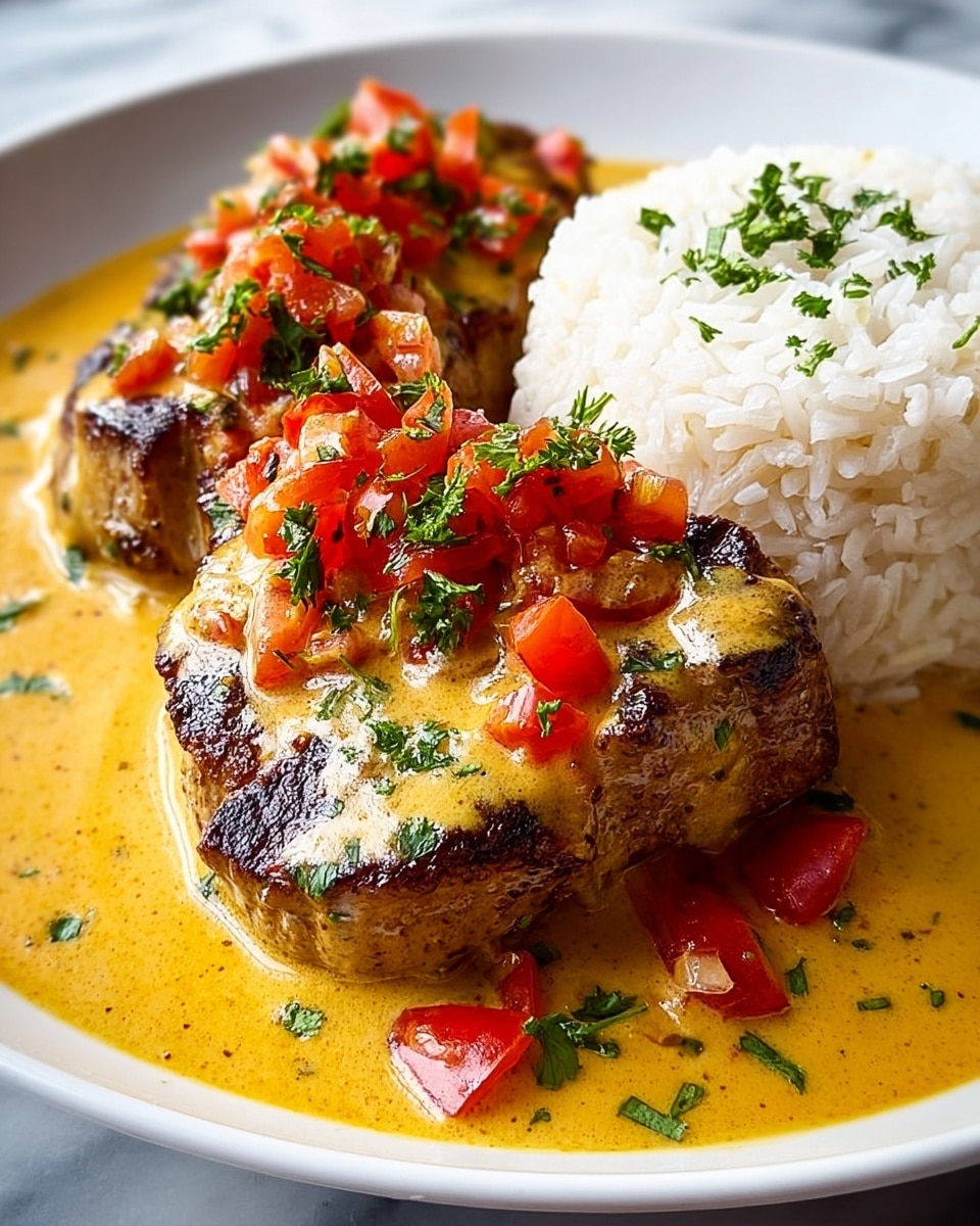 Large white oval platter filled with several perfectly seared pork chops smothered in a rich, creamy yellow sauce studded with finely chopped red bell peppers and fresh green herbs, arranged alongside a generous mound of fluffy white rice sprinkled with fresh parsley, entire dish presented in a professional 3/4 angle shot on a white marble countertop with natural lighting, styled like a high-end food magazine hero shot, photo taken with an iphone --ar 4:5 --v 7