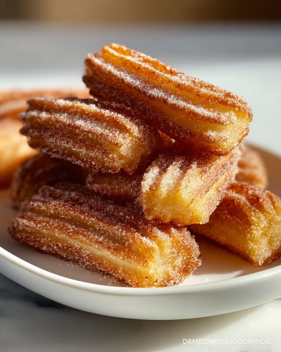 Large white rectangular serving platter filled with an abundant stack of golden-brown churros, evenly coated with granulated sugar and cinnamon, each churro perfectly ridged and crisp, arranged in a visually appealing pile, whole dish photographed from a 3/4 angle on a white marble countertop, natural lighting highlighting the caramelized texture, professional food styling photo taken with an iphone --ar 4:5 --v 7