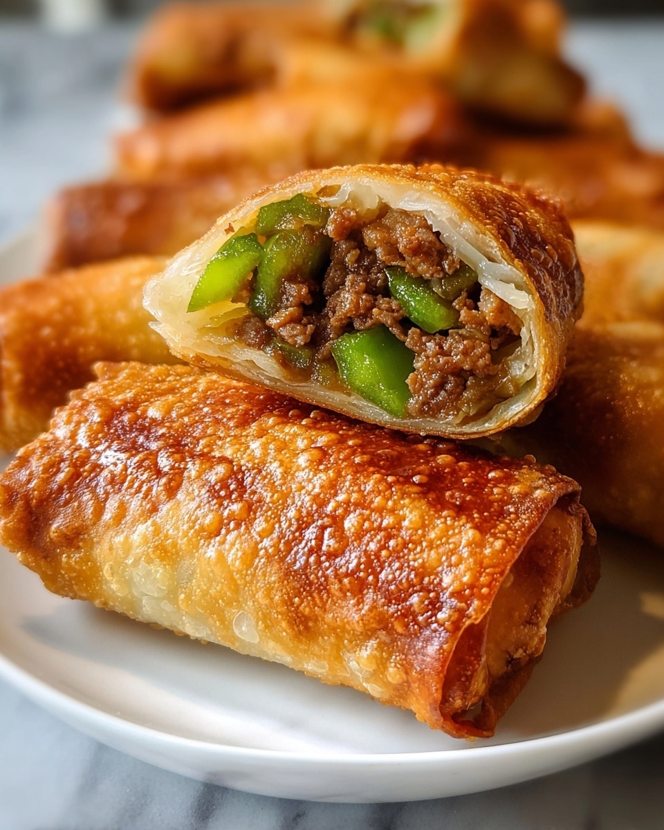Large white rectangular platter filled with a generous pile of golden, crispy beef and cheese egg rolls, showing a textured bubbly exterior and some egg rolls featuring green pepper pieces visible through the translucent wrapper, whole dish arranged in a rustic style, photographed from a 3/4 angle on a white marble countertop with natural lighting, styled as a professional food magazine hero shot, photo taken with an iphone --ar 4:5 --v 7
