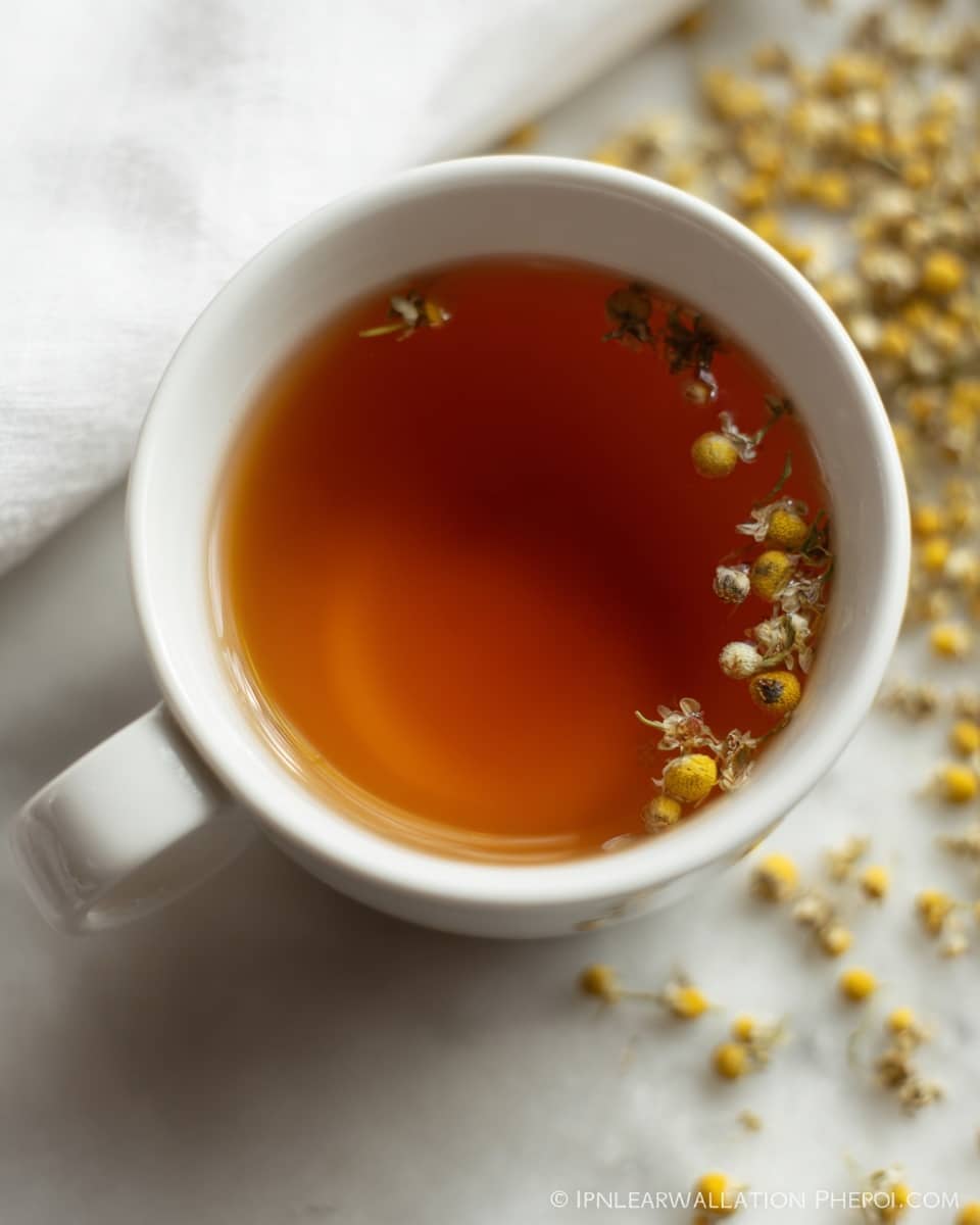 Large white ceramic cup filled to the brim with warm light amber chamomile tea, accompanied by a matching white saucer scattered with dried chamomile flowers and small tea leaves, presented as a complete tea serving set on a clean white marble surface, bathed in soft natural lighting, styled for a professional food magazine hero shot, photo taken with an iphone --ar 4:5 --v 7