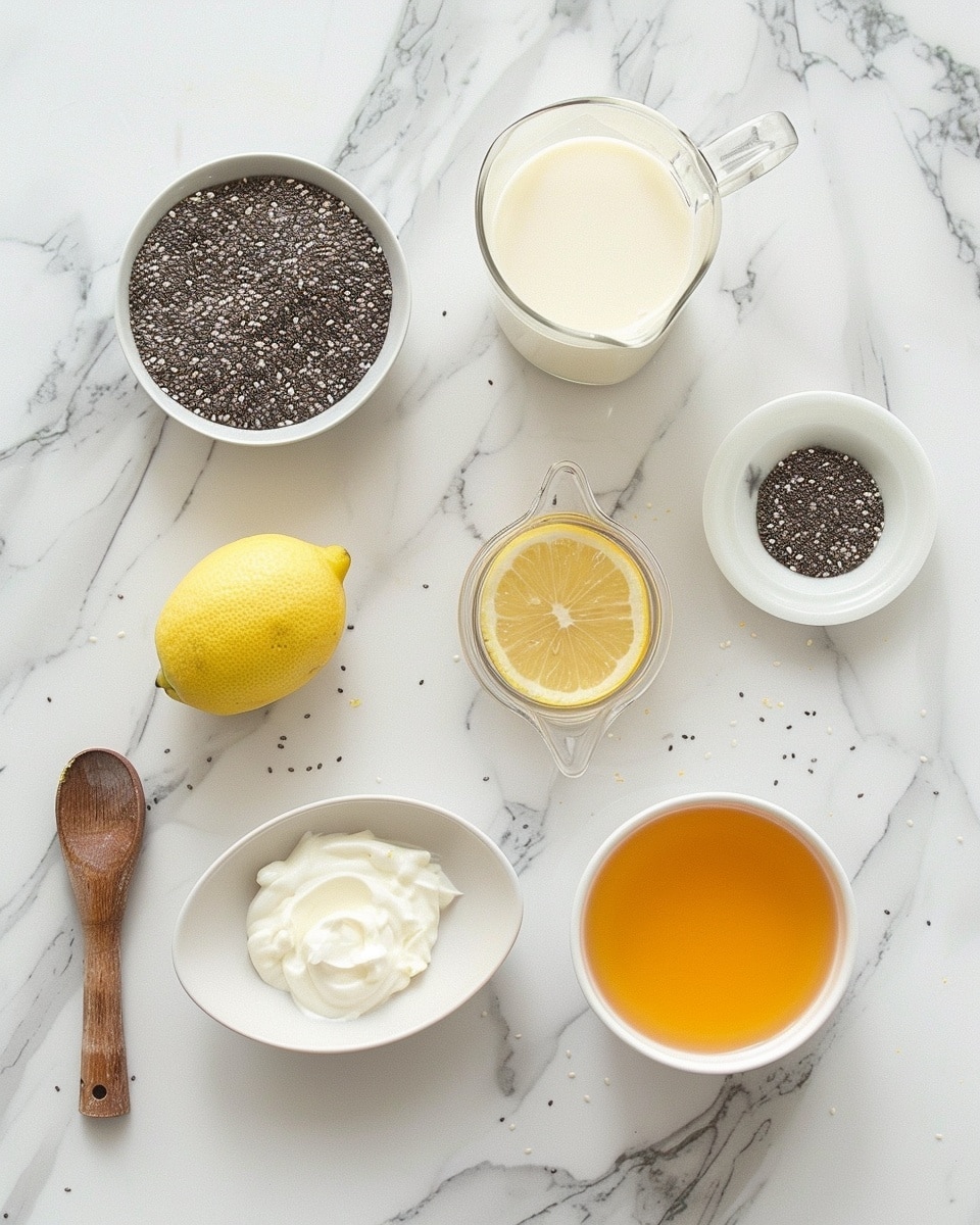 Single white bowl with a creamy lemon chia pudding serving, close-up angle highlighting the smooth, speckled texture from chia seeds suspended in the rich lemon-infused custard, topped with a fresh half lemon slice, vibrant lemon zest curls, and a plump blackberry, all placed on a white marble surface with natural lighting, styled as a ready-to-eat individual portion from a food blog, photo taken with an iphone --ar 4:5 --v 7
