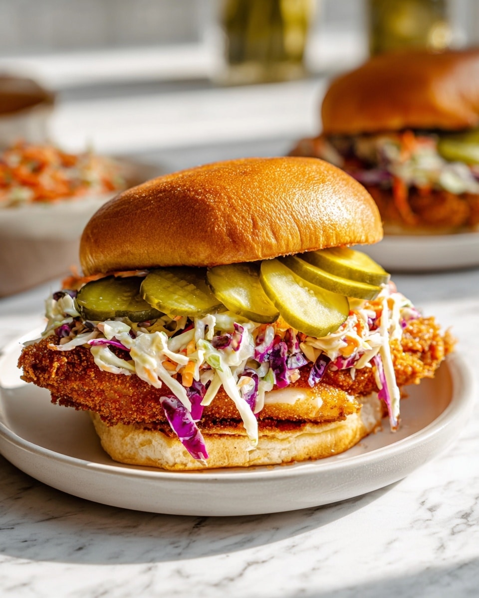 Three whole crispy fried chicken sandwiches on a large white round plate, featuring golden brioche buns, crunchy fried chicken fillets, colorful creamy coleslaw with shredded purple cabbage, carrots, and green cabbage, topped with several slices of bright green pickles, accompanied by a small white bowl filled with extra pickle slices, all arranged on a white marble surface with natural lighting, professional food magazine style photo taken with an iphone --ar 4:5 --v 7