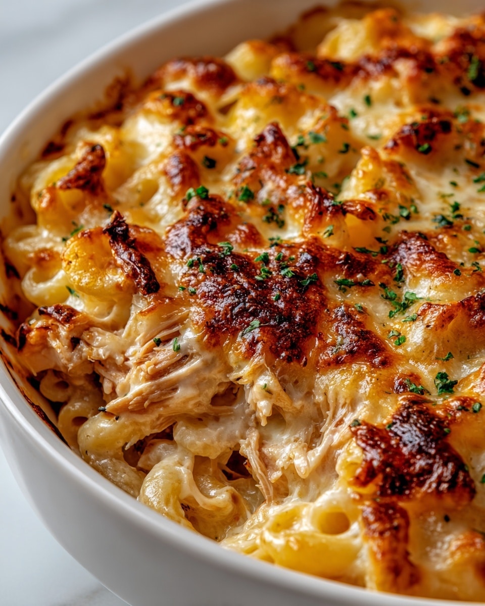 Large white ceramic baking dish filled with a baked pasta casserole featuring tender tubular pasta enveloped in rich, melted cheese and layered with beautifully grilled, golden-brown chicken pieces, topped with bubbling, slightly caramelized cheese and sprinkled with fresh green herbs, whole dish photographed from a 3/4 angle on a white marble countertop with natural lighting, professional food magazine hero shot photo taken with an iphone --ar 4:5 --v 7