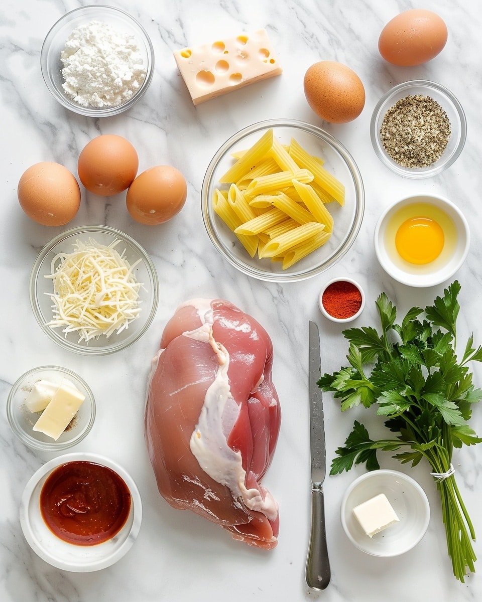 Single white shallow dish showing one plated serving of creamy baked macaroni and cheese with tender shredded chicken mixed throughout, topped with a golden bubbly layer of melted cheese and sprinkled with fresh chopped parsley, close-up angled view revealing the rich cheesy sauce coating the pasta and the texture of the browned cheese crust, placed on a white marble background with natural lighting, styled individual serving photo taken with an iphone --ar 4:5 --v 7