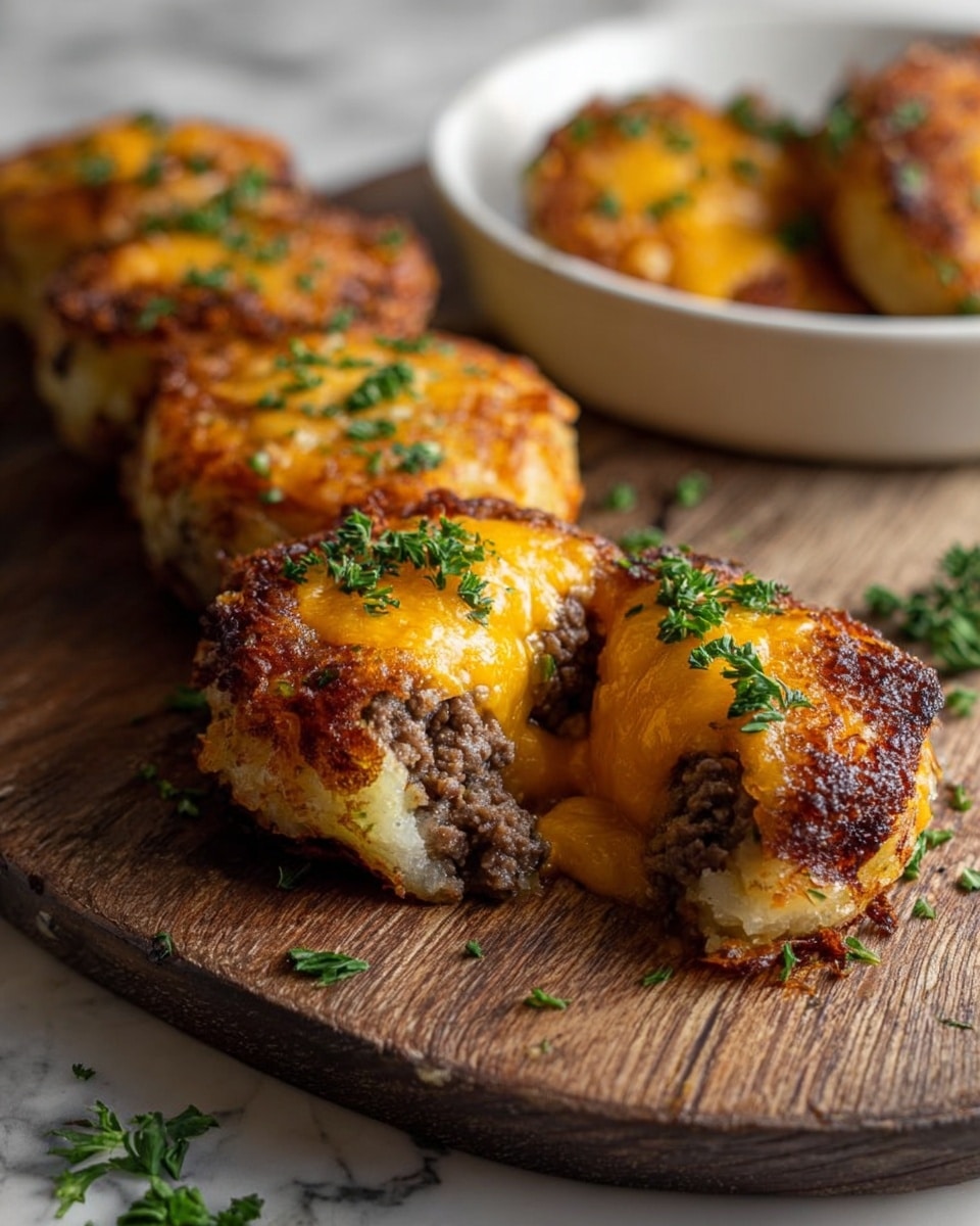 White oval serving dish filled with a row of whole golden potato cakes stuffed with melted cheddar cheese and seasoned ground beef, perfectly crispy on the outside with fresh chopped parsley sprinkled on top, arranged neatly on a rustic wooden board, photo captured from a 3/4 angle with natural lighting on a white marble background, professional food magazine style hero shot photo taken with an iphone --ar 4:5 --v 7
