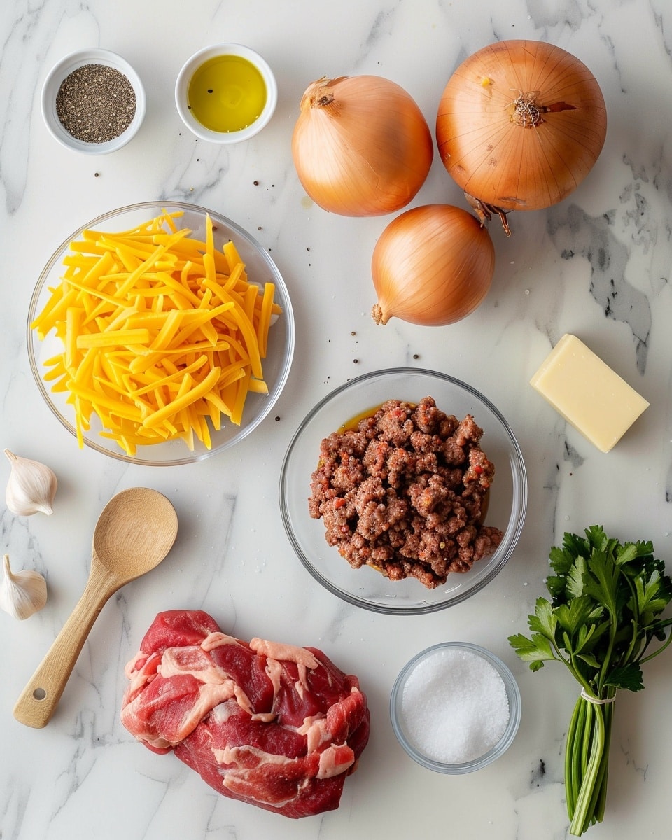 Single white plate featuring one golden-brown potato cake sliced open to reveal a juicy, well-seasoned ground beef filling melted with rich, sharp cheddar cheese oozing slightly, textured crisp potato crust contrasted with the tender interior layers, sprinkled with fresh chopped parsley for color, angled close-up highlighting the inside cross-section and savory combination, placed on white marble surface under natural light, styled as a ready-to-eat serving from a food blog, photo taken with an iphone --ar 4:5 --v 7