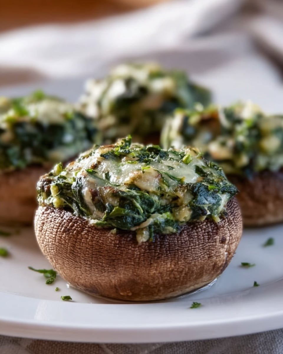 A large white rectangular serving platter filled with an entire batch of stuffed mushrooms, each mushroom cap generously filled with a vibrant mixture of sautéed spinach and melted cheeses, arranged neatly in rows to showcase the rich green filling contrasting against the golden-brown mushroom caps, photographed from a 3/4 angle on a white marble countertop with natural lighting, styled like a hero food magazine shot, photo taken with an iphone --ar 4:5 --v 7
