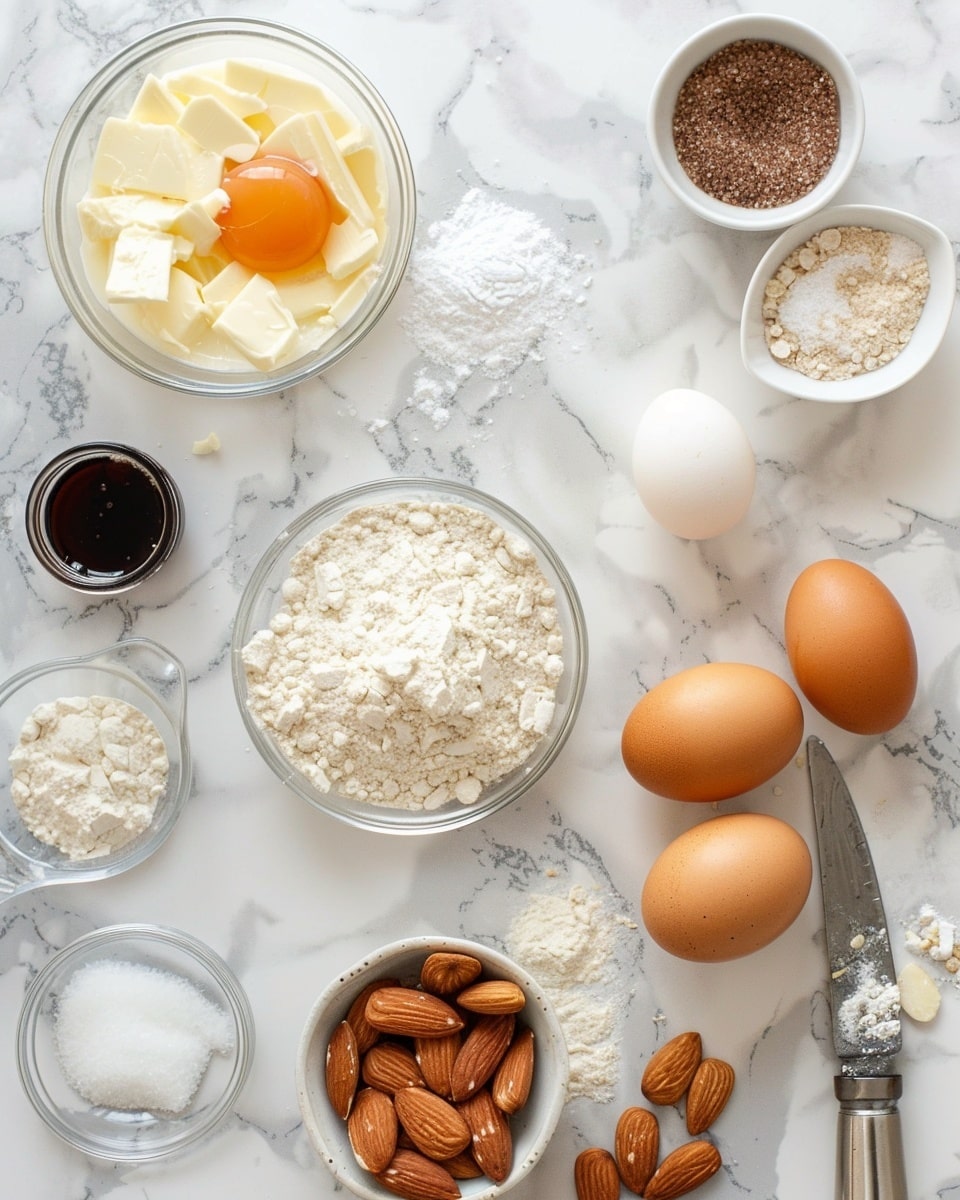 Single white plate showcasing a single square slice of almond cake with a golden, slightly crisp crust, generously studded with almond slices on top and visible throughout the moist, tender interior, a delicate dusting of powdered sugar enhancing the texture, close-up angled shot revealing the crumbly yet rich layers of the cake, placed on a white marble surface under natural lighting, styled as a ready-to-eat dessert from a food blog, photo taken with an iphone --ar 4:5 --v 7