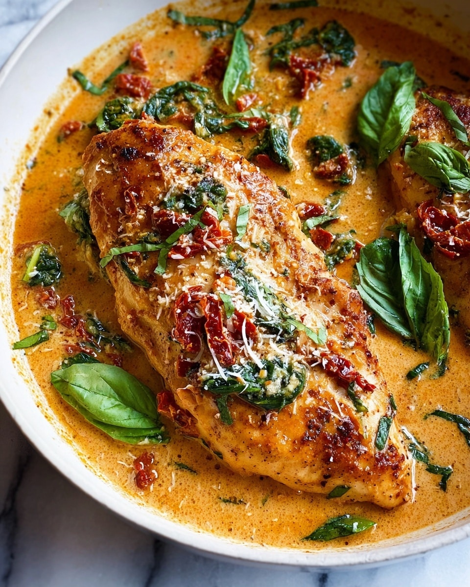 Large white skillet filled with four golden seared chicken pieces simmering in a rich, creamy tomato-based sauce infused with sun-dried tomatoes and fresh vibrant spinach leaves, the sauce thick and glossy with a hint of black pepper seasoning, whole dish captured from a 3/4 angle on a white marble surface with natural light, styled like a hero shot from a food magazine, photo taken with an iphone --ar 4:5 --v 7