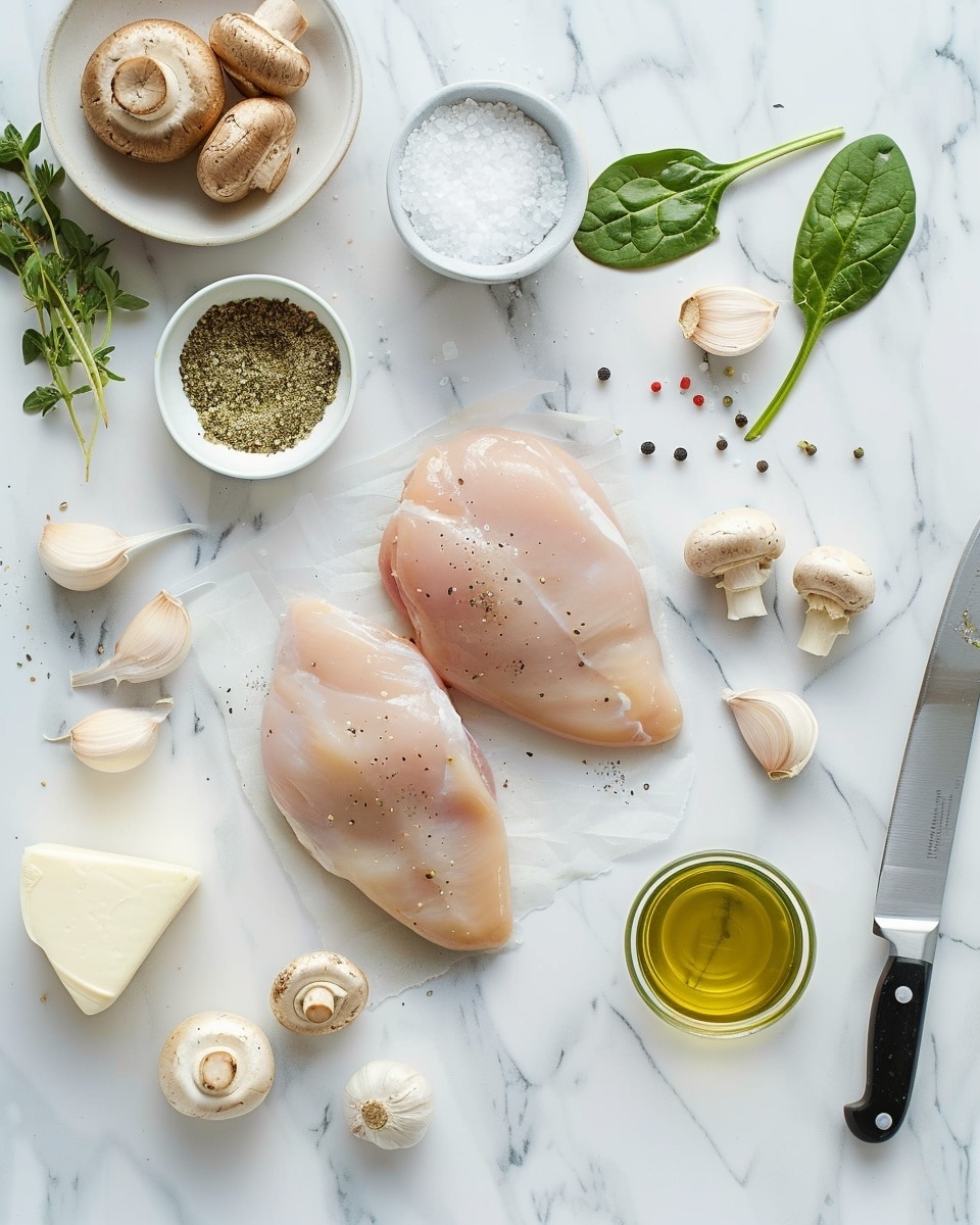 Single white plate featuring a plated serving of stuffed chicken breast, sliced open to reveal layers of melted white cheese, sautéed spinach, and tender mushrooms, topped with a beautifully caramelized, golden brown crust and sitting in a light, savory sauce pooling gently around the base, close-up angled shot highlighting the juicy interior layers and creamy filling, arranged on a white marble surface with natural lighting, styled like a food blog presentation, photo taken with an iphone --ar 4:5 --v 7