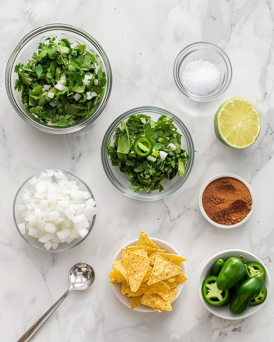 Single white bowl on a white plate filled with a serving of chunky green salsa verde made from roasted tomatillos and jalapeños, showing the textured interior with seeds and bits of roasted pepper skin, surrounded by golden, crisp tortilla chips neatly arranged on the plate, garnished with a small sprig of fresh cilantro, all set on a white marble surface with natural lighting for an intimate food blog style photo taken with an iphone --ar 4:5 --v 7