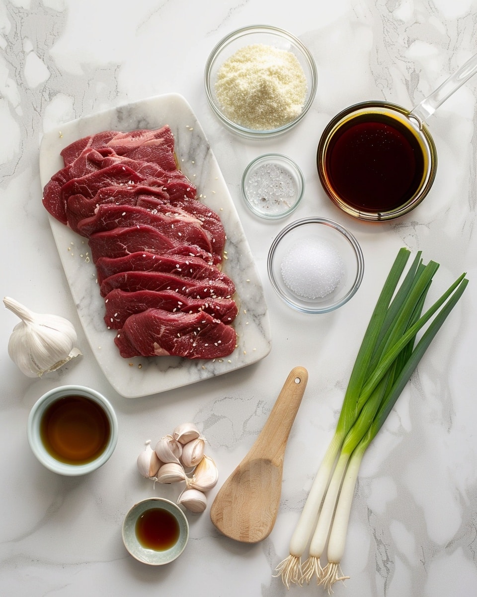 Single white bowl containing a close-up serving of savory beef and green onion stir-fry over steamed white rice, the tender beef strips richly coated in a glossy, dark sauce with visible textures and glistening edges, vibrant green scallions interspersed throughout, steam subtly rising from the dish, placed on a white marble surface with natural lighting highlighting the depth and layers of the ingredients, styled as an intimate plated serving photo taken with an iphone --ar 4:5 --v 7