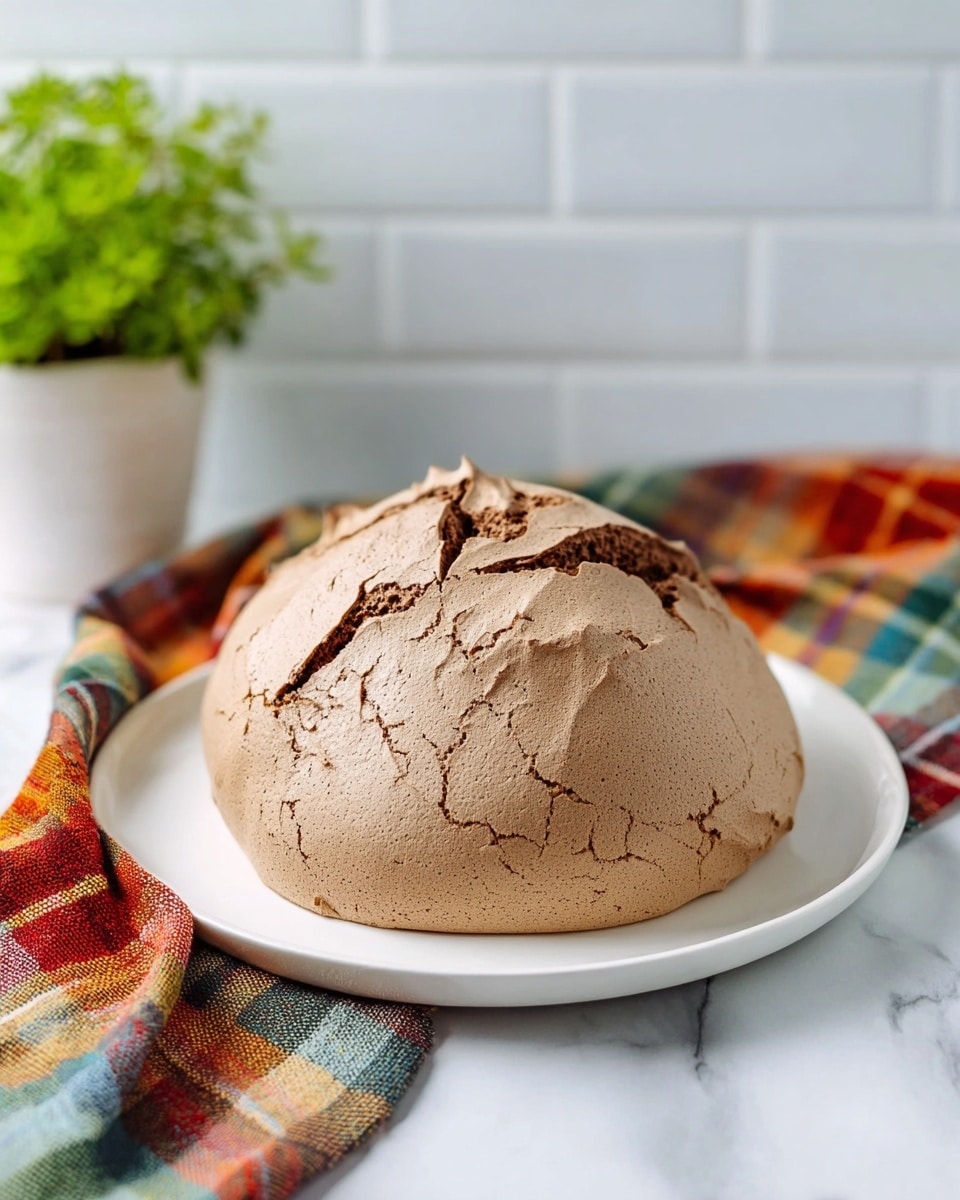 Whole large dome-shaped chocolate meringue cookie on a white plate, featuring its smooth light brown surface with natural cracks revealing dark chocolate underneath, placed prominently on a white marble countertop with natural lighting, styled with subtle shadows and simple background elements including a colorful plaid cloth and a small potted herb, professional food magazine style hero shot, photo taken with an iphone --ar 4:5 --v 7