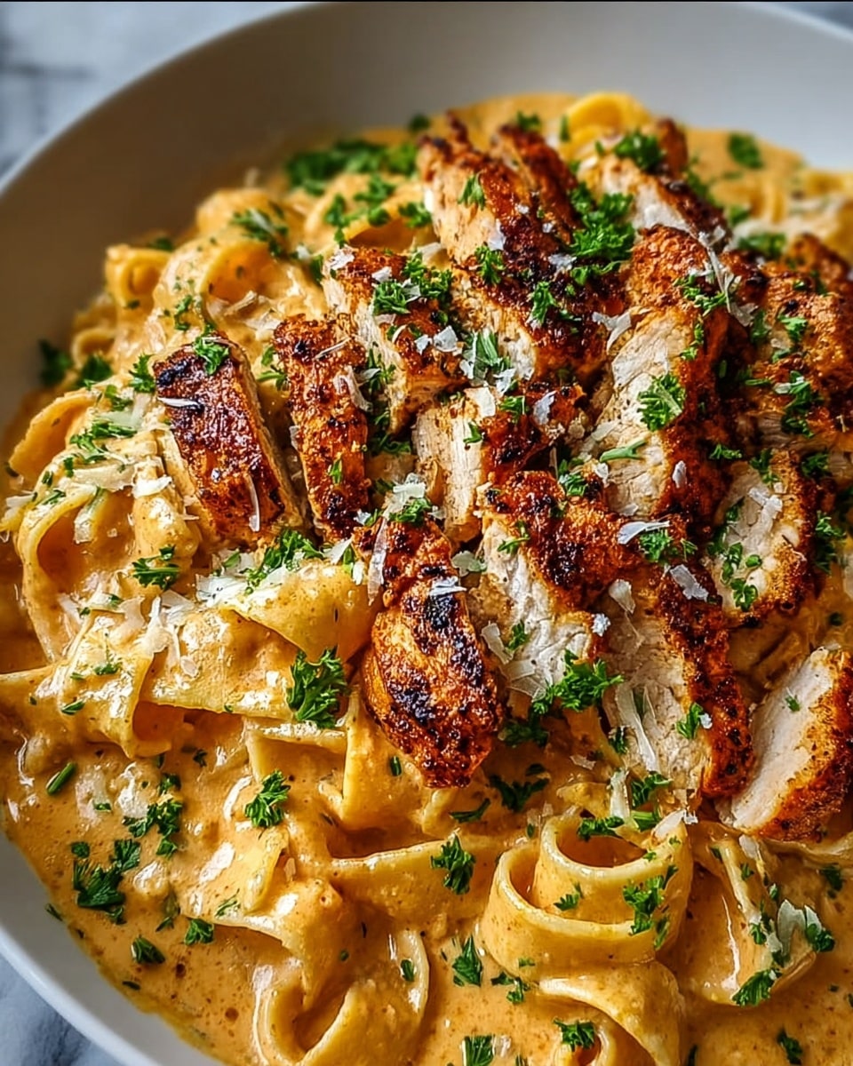 Large white shallow bowl filled with creamy Cajun pasta and a generous amount of perfectly seared, golden-brown blackened chicken tenders artfully arranged on top, sprinkled with finely chopped fresh parsley and a light dusting of grated cheese, the rich sauce clinging to wide pappardelle noodles, whole dish captured in a professional 3/4 angle shot on a pristine white marble surface with natural lighting, styled like a hero food magazine photo taken with an iphone --ar 4:5 --v 7