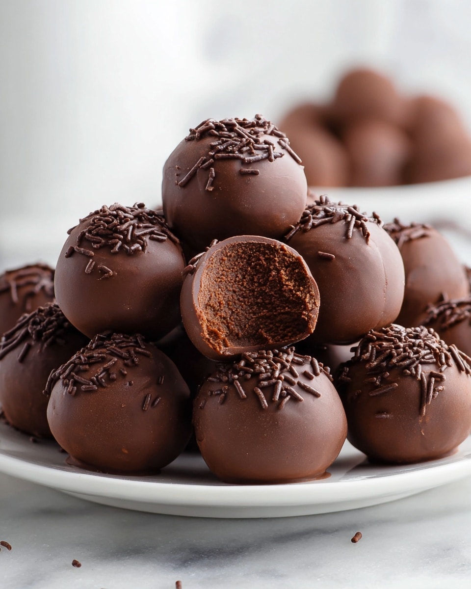 Large white plate piled with a full batch of glossy chocolate truffles, each perfectly round and coated in smooth milk chocolate, some topped with delicate chocolate sprinkles, the entire collection arranged neatly to showcase their rich, dense interiors visible through one truffle with a bite taken, styled on a white marble surface under natural lighting, photographed at a 3/4 angle like a hero shot from a food magazine, photo taken with an iphone --ar 4:5 --v 7