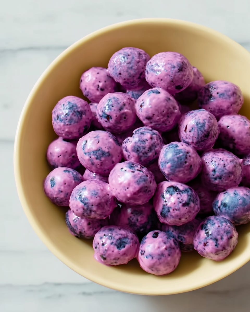 Large white bowl filled to the brim with an abundant serving of round, purple yogurt-coated berries, each berry fully coated in a creamy, speckled purple yogurt layer that highlights the natural texture and deep hues of the fruit, set against a pristine white marble background with natural lighting, photographed at a 3/4 angle to emphasize the luscious fullness and appealing texture of the entire dish, professional food styling photo taken with an iphone --ar 4:5 --v 7