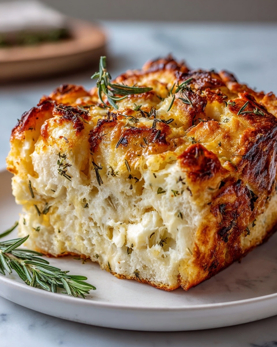 Whole large white ceramic baking dish filled with golden-brown pull-apart garlic and herb bread, generously sprinkled with fresh chopped parsley and rosemary sprigs, showing crispy, cheesy, and well-baked textured peaks across the entire loaf, photographed from a 3/4 angle on a white marble countertop with natural lighting, professional food magazine hero shot photo taken with an iphone --ar 4:5 --v 7