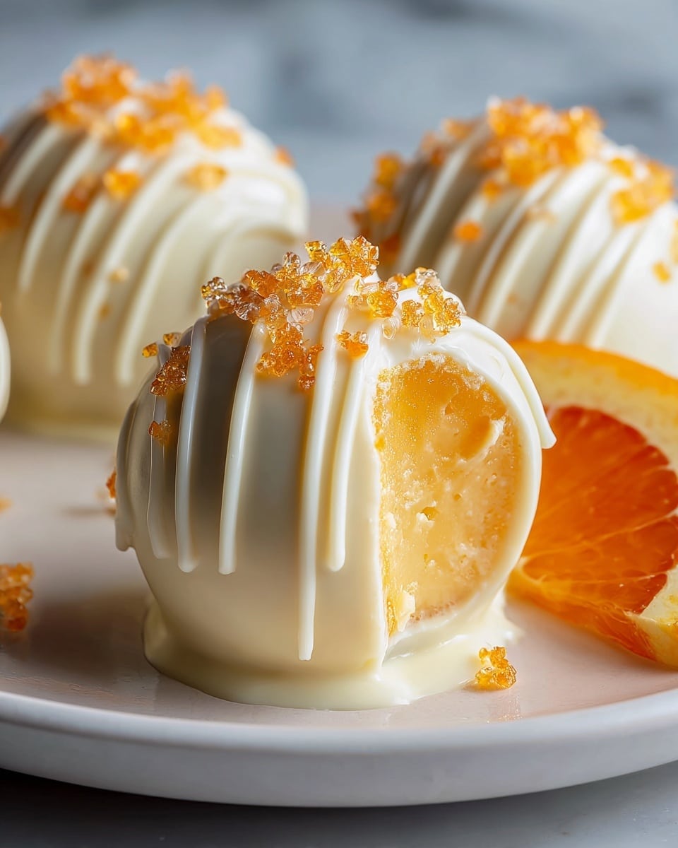 White marble countertop featuring an elegant white serving platter fully arranged with pristine white chocolate truffles, each delicately drizzled with white chocolate and topped generously with shimmering orange citrus pearls, with extra pearls scattered around the platter for a vibrant, luxurious touch, photographed with natural lighting from a 3/4 angle to capture the full and complete presentation of the entire dish like a high-end food magazine hero shot, photo taken with an iphone --ar 4:5 --v 7