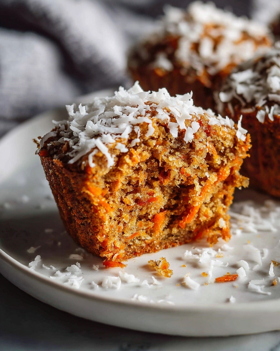 A cluster of freshly baked muffins arranged together on a white surface, each muffin topped generously with shredded coconut flakes, showcasing a moist, golden-brown texture with a slightly crisp outer crust, whole muffins fully intact and evenly spaced, professional 3/4 angle shot on white marble background with natural lighting, capturing the warm and inviting details like a hero shot from a food magazine, photo taken with an iphone --ar 4:5 --v 7