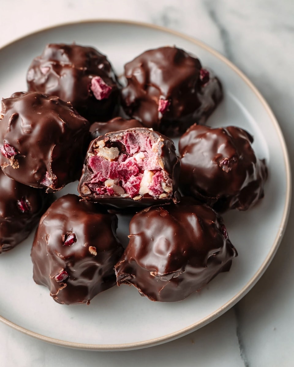Large white plate piled high with an abundant heap of chocolate-coated nut clusters, each piece generously covered in smooth, glossy dark chocolate, speckled with crunchy nuts throughout, arranged to showcase their rich texture, whole dish photographed from a 3/4 angle on a white marble countertop with natural lighting, styled for a professional food magazine hero shot, photo taken with an iphone --ar 4:5 --v 7