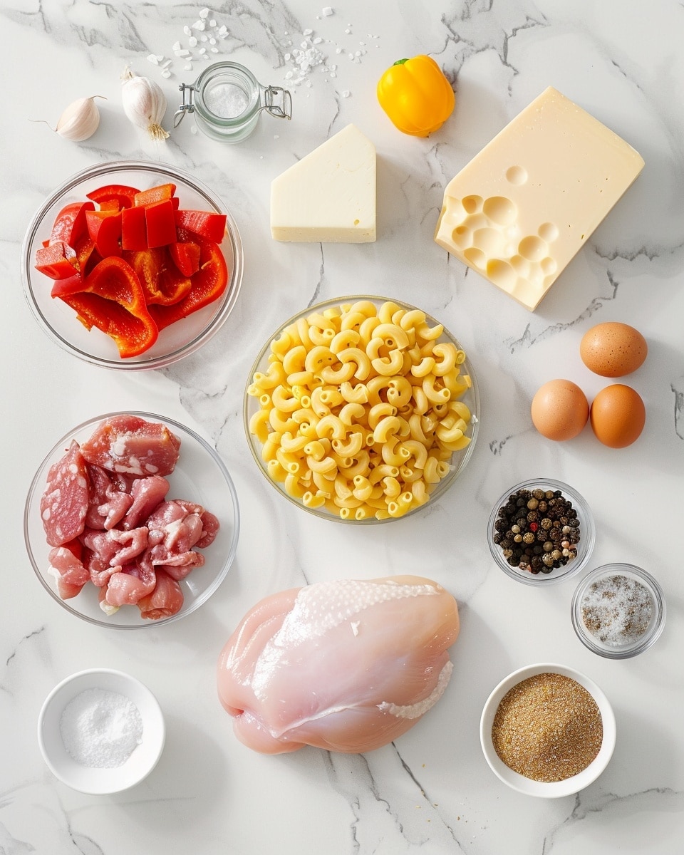 Single white plate featuring a generous portion of creamy macaroni and chicken casserole, close-up angled shot revealing tender, juicy chicken pieces nestled between perfectly cooked elbow macaroni coated in a rich, velvety cheese sauce, sprinkled with vibrant paprika that adds a pop of color and texture, subtle hints of diced ham visible throughout, steam gently rising from the dish, presented on a white marble surface under natural light, styled as an inviting individual serving from a food blog, photo taken with an iphone --ar 4:5 --v 7