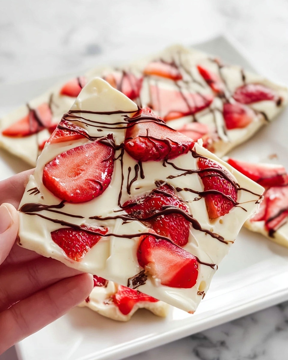 Large white rectangular serving tray filled with an uncut white chocolate bark generously topped with fresh sliced strawberries and artfully drizzled melted dark chocolate, creating a vibrant contrast of red, white, and deep brown, the entire dessert presented with a glossy and inviting finish, photographed from above on a white marble countertop, natural lighting highlighting the textures and colors, professional food styling photo taken with an iphone --ar 4:5 --v 7