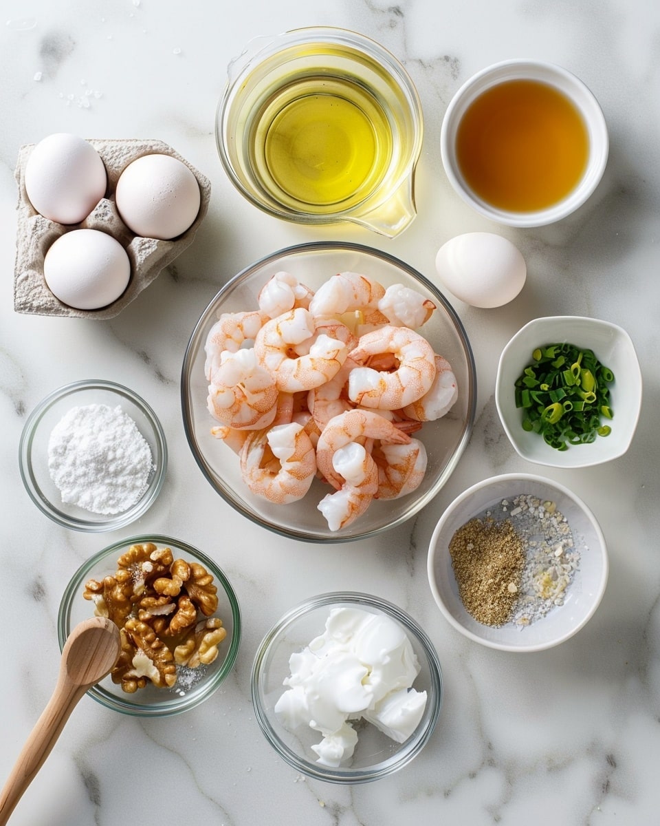 Single white bowl with a close-up view of a generous single serving of creamy honey walnut shrimp, featuring plump shrimp coated in a glossy, rich sauce with finely chopped green onions sprinkled on top, and crunchy caramelized walnuts nestled among the shrimp, highlighting the smooth texture of the sauce and the contrast of crispy nuts, all arranged on a pristine white marble surface, natural lighting emphasizing the vibrant colors, styled like a food blog serving, photo taken with an iphone --ar 4:5 --v 7