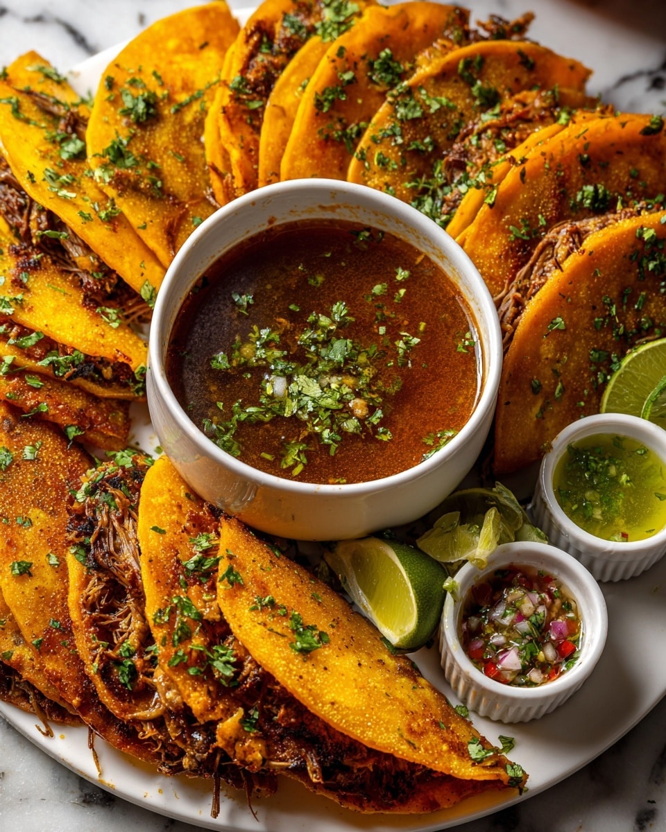Large white serving platter showcasing an array of whole, vibrant birria tacos with their crispy, golden-orange tortillas perfectly folded and generously filled with shredded beef, arranged around a central white bowl filled with rich, spicy consommé broth with visible spices and herbs, garnished with fresh cilantro and accompanied by lime wedges and small white ramekins of green and red salsa, photographed from a 3/4 angle on a white marble background with natural lighting, styled as a hero shot from a food magazine, photo taken with an iphone --ar 4:5 --v 7
