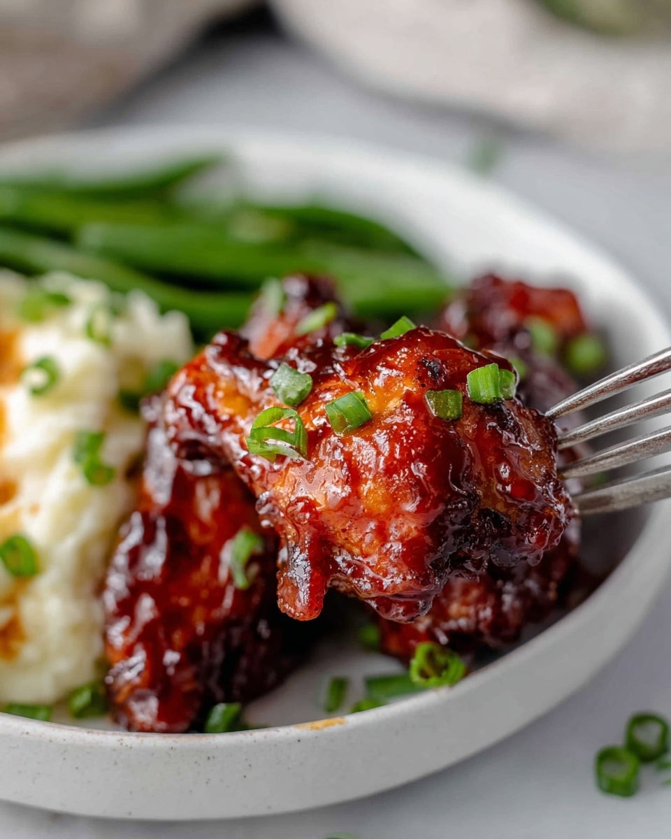 Large white serving bowl filled with an entire generous portion of sticky glazed chicken bites coated in a rich, shiny dark barbecue sauce, scattered with finely chopped green onions for a pop of color, accompanied by steamed whole green beans and a side of fluffy white rice, all arranged neatly to showcase the full meal, photographed from a 3/4 angle on a white marble countertop, natural lighting highlighting the textures, professional food magazine hero shot photo taken with an iphone --ar 4:5 --v 7