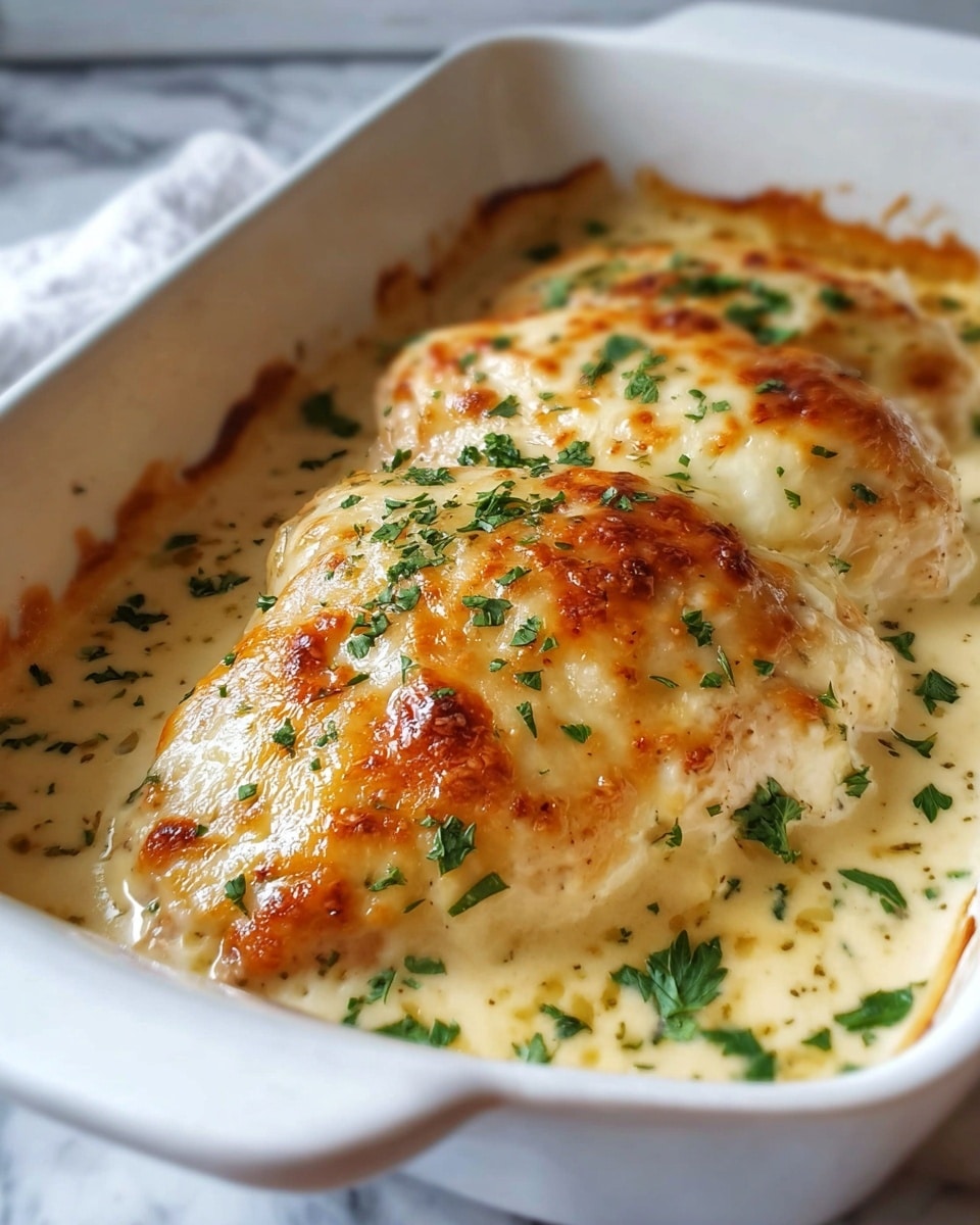 Large white rectangular baking dish filled with creamy baked chicken breasts smothered in a rich, velvety white sauce, melted golden cheese bubbling over the top, garnished generously with fresh chopped parsley, creamy texture contrasted by slightly browned edges, whole dish beautifully presented from a 3/4 angle on a white marble countertop with natural lighting, professional food magazine hero shot photo taken with an iphone --ar 4:5 --v 7