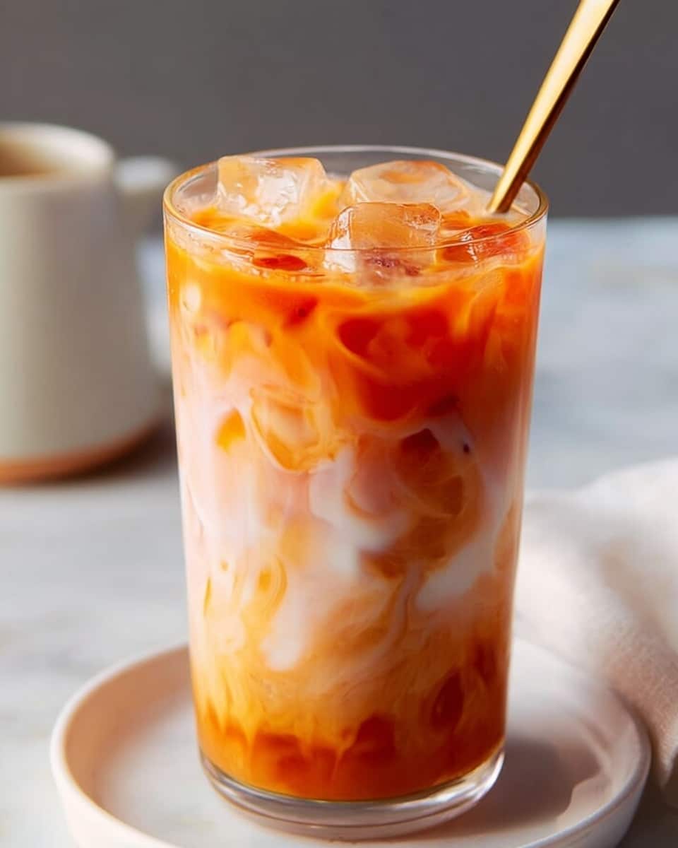 Several tall, transparent glasses filled with vibrant iced Thai tea, showing layers of rich amber tea swirling into creamy white milk over plenty of ice cubes, garnished with golden metal straws, all arranged on a white marble surface under natural lighting, styled as a full set to showcase the complete beverage experience, professional food magazine hero shot, photo taken with an iphone --ar 4:5 --v 7