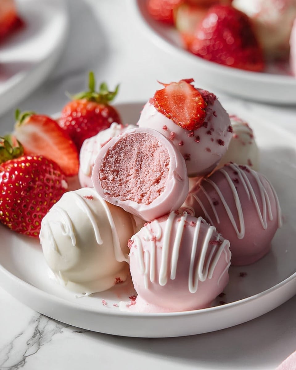 White cake stand piled high with an assorted variety of whole pink and white cake balls, some coated with smooth pink icing and drizzled with white stripes and others dusted with powdered sugar, garnished with fresh whole strawberries around the base, set on a white marble background with natural lighting, professional food magazine style hero shot showing the entire dish in frame, photo taken with an iphone --ar 4:5 --v 7