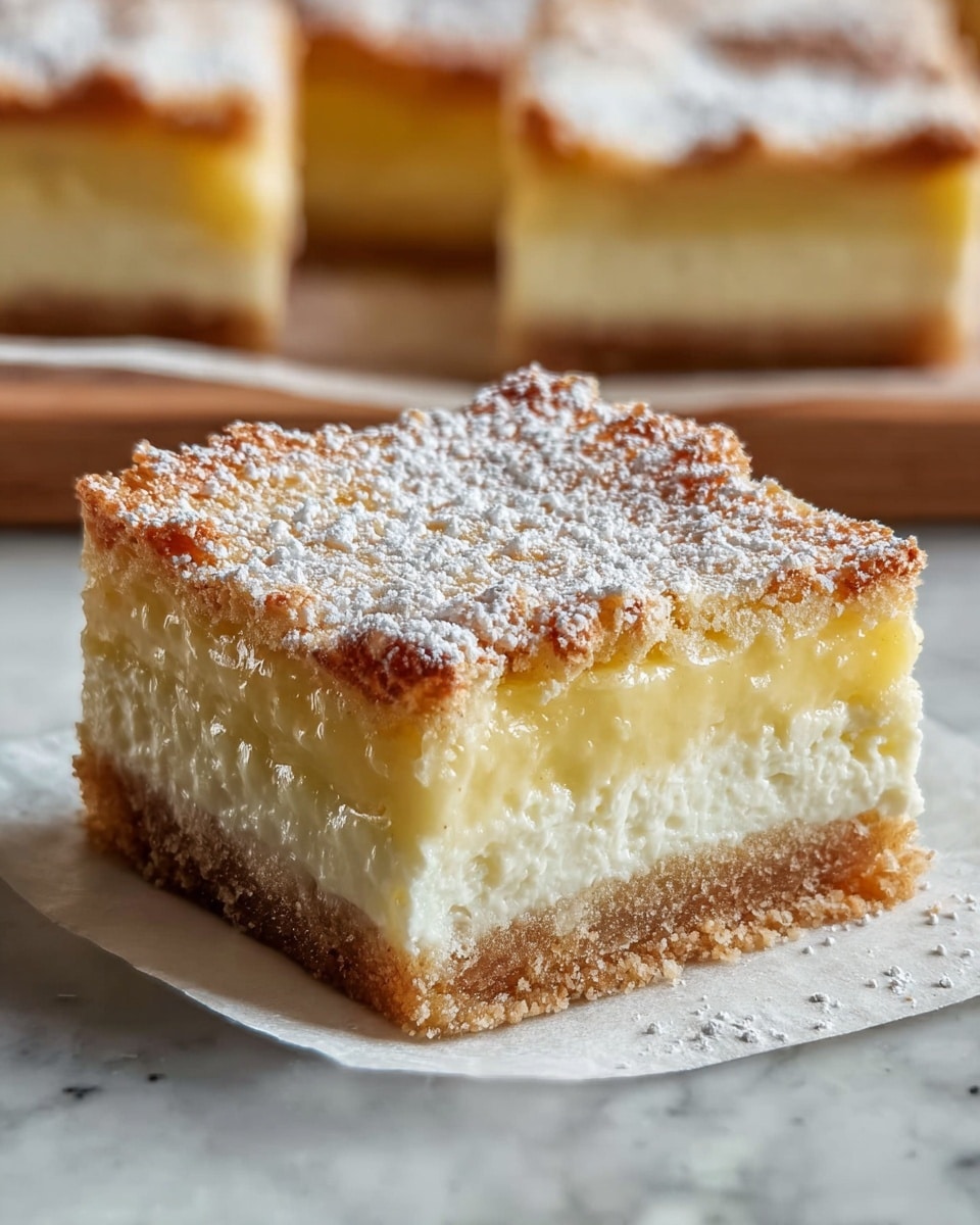 Full rectangular white baking pan filled with a layered lemon cheesecake bar featuring a crumbly golden crust, creamy white cheesecake middle layer, and a glossy lemon topping dusted with powdered sugar, entire dessert presented pristine and uncut, photographed from a 3/4 angle on a white marble countertop with natural lighting, styled as a professional food magazine hero shot, photo taken with an iphone --ar 4:5 --v 7