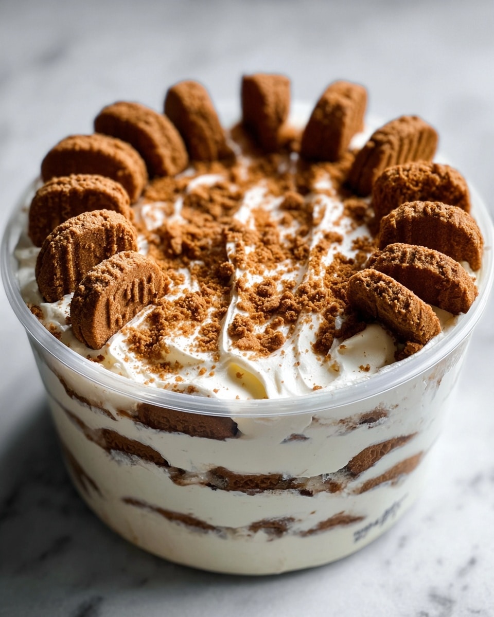 Large white bowl filled with creamy homemade Biscoff cheesecake mixture, showcasing the smooth texture made with plain high-protein skyr, signature Lotus Biscoff cookies arranged whole around the sides and on top, and a small dish of golden Biscoff spread beside the bowl, all set on a white marble countertop, natural lighting highlighting the rich caramel hues of the cookies, professional food magazine hero shot, photo taken with an iphone --ar 4:5 --v 7