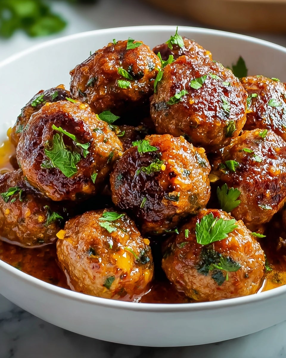 Large white bowl filled with a generous portion of perfectly cooked, golden-brown meatballs glazed in a rich, savory sauce, garnished with fresh chopped parsley, each meatball showcasing a juicy, textured surface that hints at the tender inside, whole dish captured from a 3/4 angle on a white marble countertop, natural lighting highlighting the glossy finish, professional food styling photo taken with an iphone --ar 4:5 --v 7
