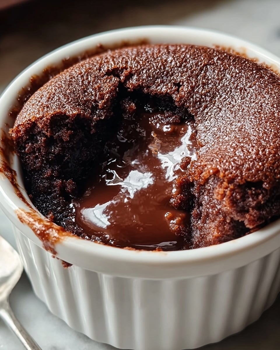 Full white ceramic ramekin filled with a freshly baked chocolate lava cake, showcasing a perfectly domed, cracked top revealing molten chocolate beneath the rich, dark cocoa crust, the entire uncut dessert displayed prominently, photographed from a 3/4 angle on a white marble surface with natural lighting, styled like a hero shot from a food magazine, photo taken with an iphone --ar 4:5 --v 7