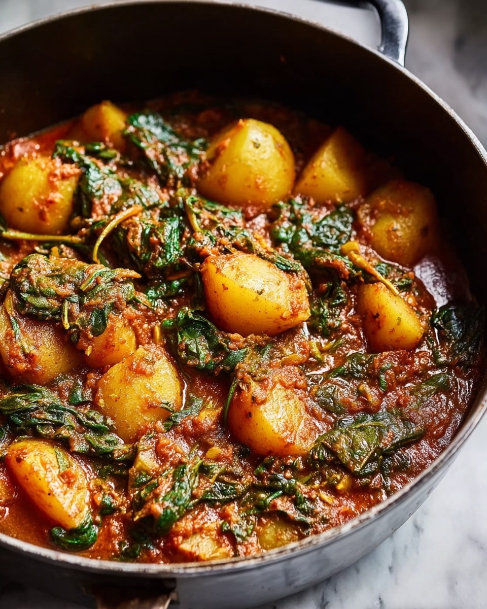 Large black cooking pot filled with hearty potato and spinach curry, golden chunks of potato simmering in rich, spiced tomato gravy with vibrant green spinach leaves evenly mixed throughout, showcasing a full, uncut dish ready to serve, photographed at a 3/4 angle on a white marble surface with natural lighting, styled as a professional food magazine hero shot photo taken with an iphone --ar 4:5 --v 7