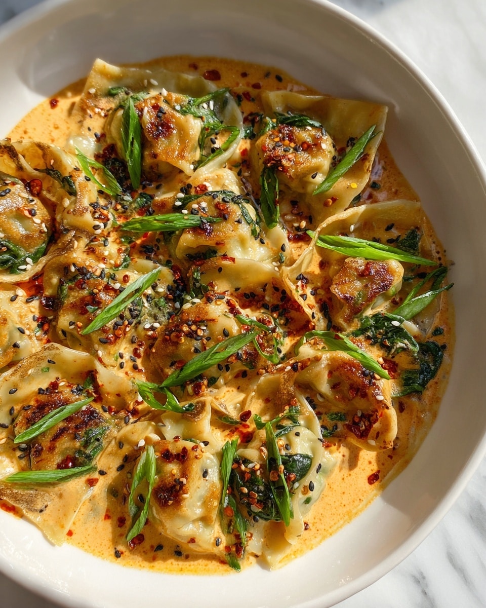 Full rectangular glass baking dish filled with plump, golden-browned dumplings nestled in a rich, creamy spicy sauce, garnished generously with chopped green onions, fresh spinach leaves, white sesame seeds, and drizzled with dark chili oil, whole dish photographed from a 3/4 angle on white marble countertop with natural lighting, styled like a hero food magazine shot, photo taken with an iphone --ar 4:5 --v 7