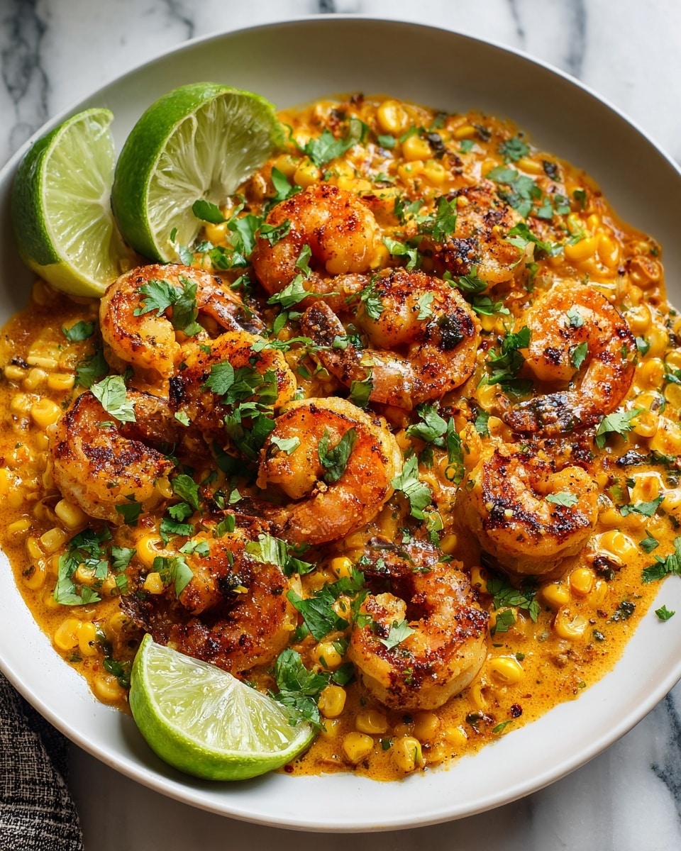 Black cast iron skillet filled with a creamy shrimp and corn dish, featuring a generous amount of perfectly seasoned and sautéed shrimp nestled in rich, golden sauce with charred corn kernels, sprinkled with crumbled white cheese and fresh cilantro leaves, accompanied by several lime wedges placed on top and around the skillet, all set on a dark wooden table, photographed from above with natural lighting on a white marble background, professional food styling photo taken with an iphone --ar 4:5 --v 7