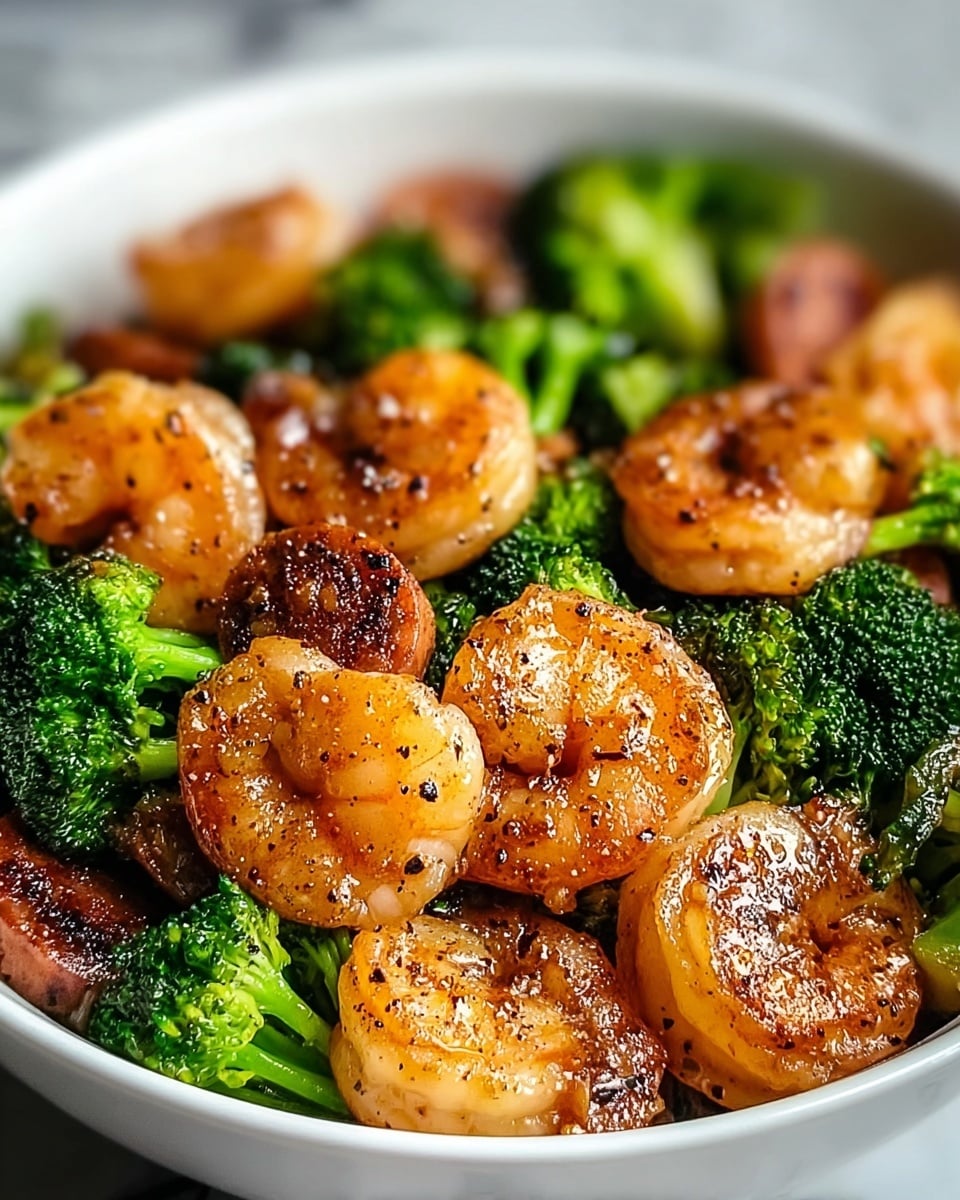 Large white bowl filled with a generous serving of shrimp and broccoli stir-fry, showcasing plump, perfectly sautéed shrimp with a golden sear alongside vibrant green broccoli florets and browned chunks of sausage, all glistening with a savory sauce and seasoned with cracked black pepper, presented on a white marble countertop with natural lighting, professional food styling photo taken with an iphone --ar 4:5 --v 7