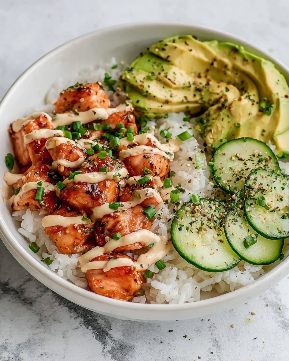 A large white bowl filled with an abundant serving of glazed, golden-brown grilled chicken chunks, tender and glistening, paired with fluffy white rice, thinly sliced fresh cucumber rounds, and creamy sliced avocado, all garnished with vibrant chopped chives and sprinkled with sesame seeds and seasoning, alongside a second large white bowl brimming with more of the savory glazed chicken, all set on a white marble countertop with natural light highlighting the fresh ingredients, styled as a professional hero shot from a food magazine, photo taken with an iphone --ar 4:5 --v 7
