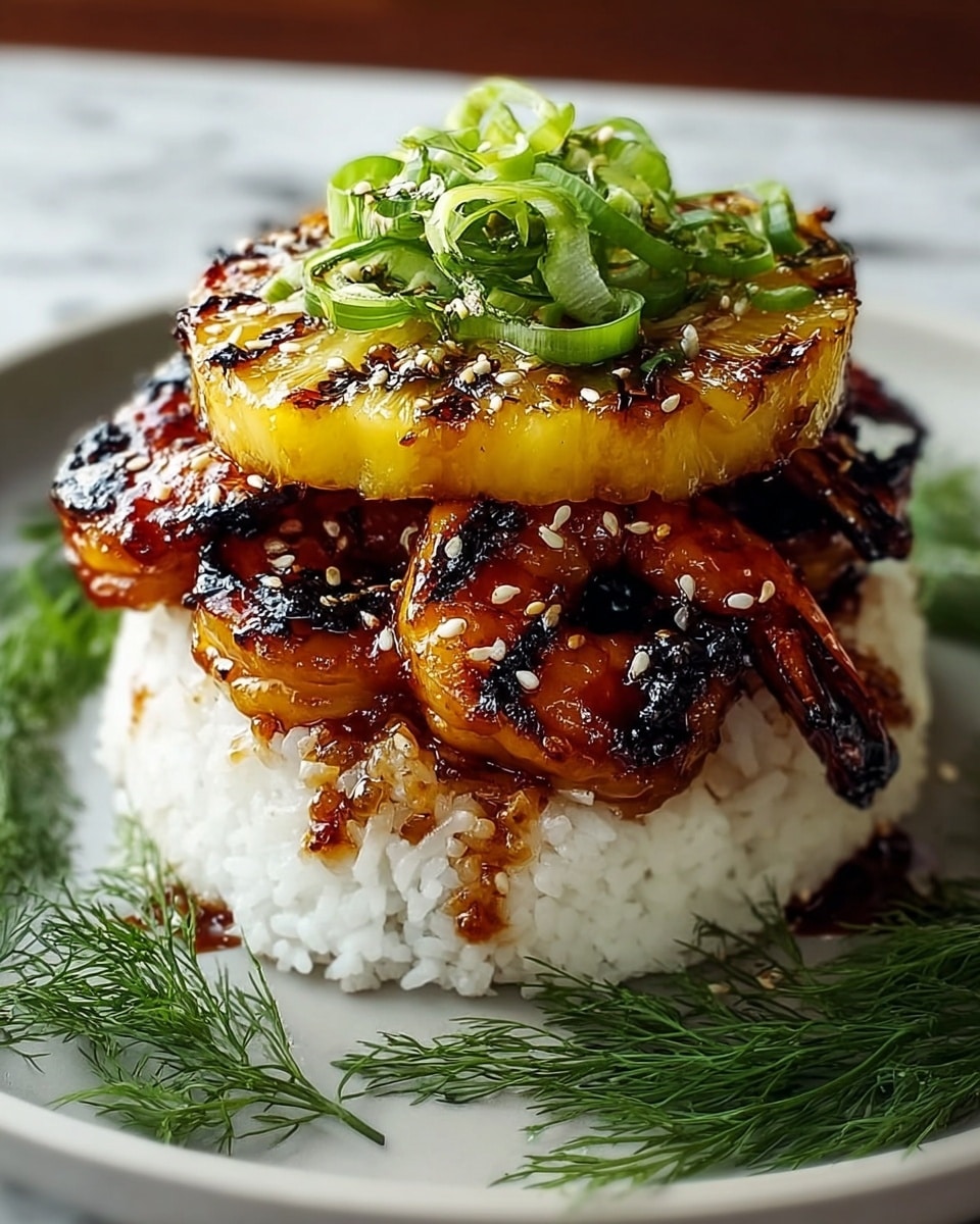 Large white oval platter filled with a generous serving of sticky grilled teriyaki chicken pieces layered over a bed of fluffy steamed white rice, topped with several beautifully grilled pineapple rings with char marks, garnished with finely sliced green herbs and sprinkled with aromatic seasoning, whole dish shown at a 3/4 angle on a white marble background in natural lighting, professional food magazine hero shot photo taken with an iphone --ar 4:5 --v 7