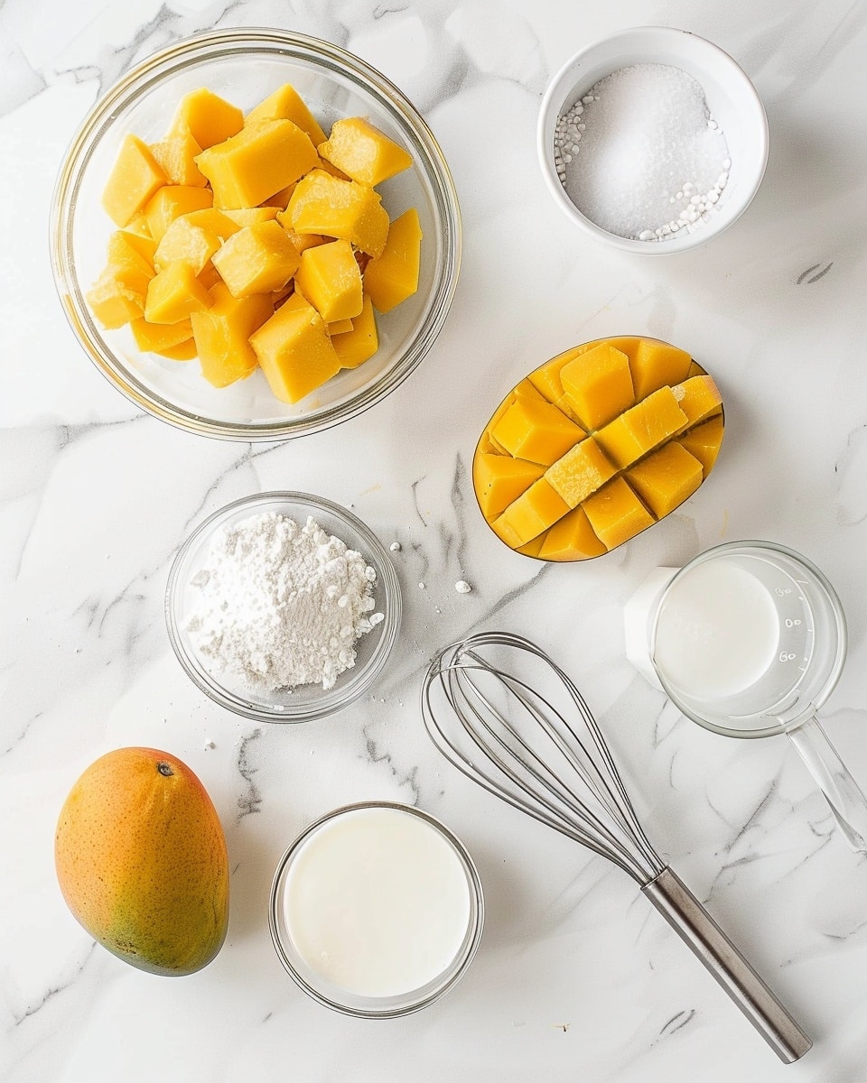 Single white plate displaying one serving of a smooth, dome-shaped mango pudding with a glossy yellow exterior, revealing a delicate, creamy interior texture where a spoonful has been taken out, surrounded by a pool of light coconut cream sauce, close-up angle emphasizing the contrast between the shiny mango layer and the soft pudding inside, set on a white marble background with natural lighting, styled like an elegant individual dessert from a food blog, photo taken with an iphone --ar 4:5 --v 7