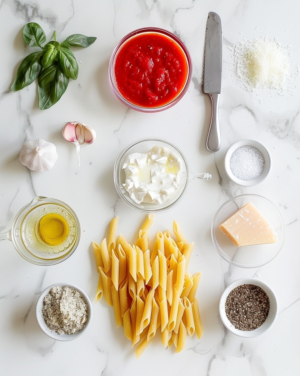 Single white plate featuring a neatly plated portion of creamy penne pasta coated in a rich, orange-hued tomato cream sauce, close-up angled view revealing tender pasta tubes layered with velvety sauce, specks of freshly ground black pepper and fine shreds of Parmesan cheese visibly sprinkled on top, garnished with bright, fresh basil leaves, set against a white marble background with natural lighting, styled like a food blog serving photo taken with an iphone --ar 4:5 --v 7